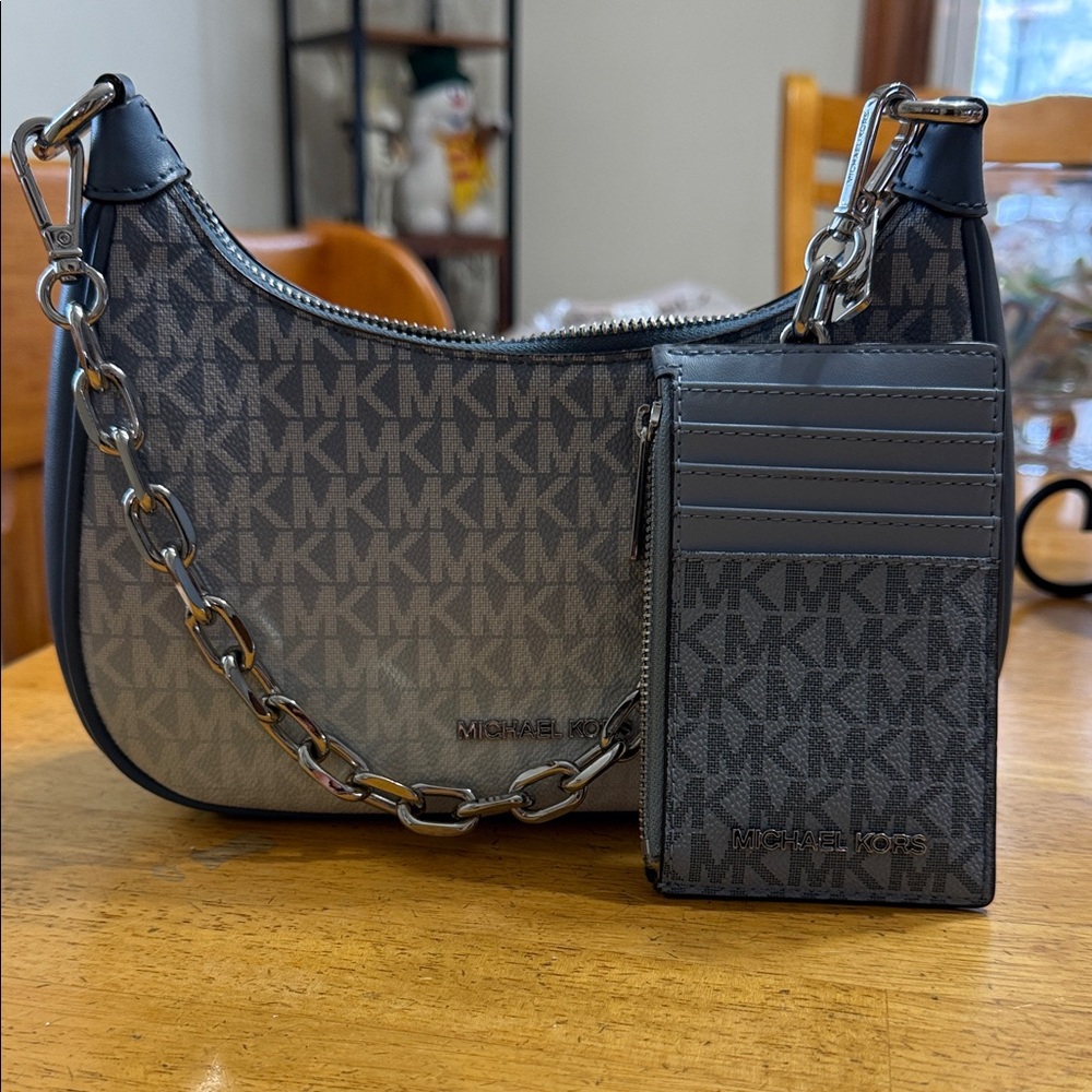 Michael Kors Blue Monogram Bag with Card Holder